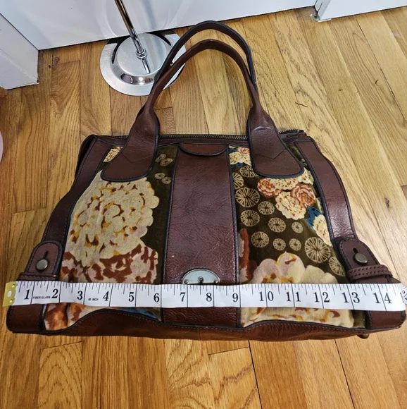 Fossil Vintage Leather Floral Tapestry Satchel Keyhole Bag - Picture 7 of 13